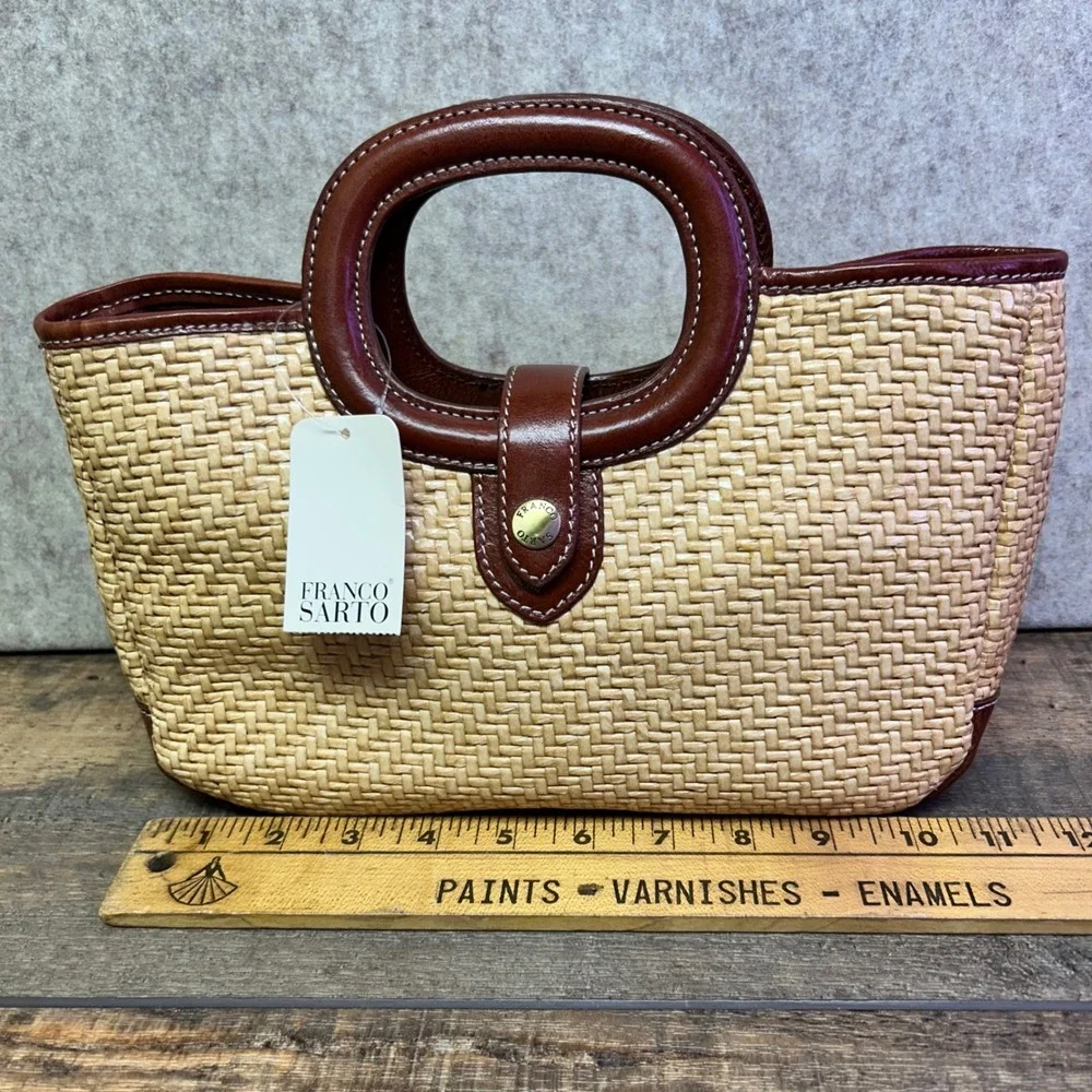 Franco Sarto Raffia Straw Tote Bag Top Handle Brown Leather Trim Natural NWT - Picture 3 of 9